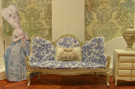 Napoleon III Style Sofa in Blue and White Toile Miniature Dollhouse Furniture Scale 1:12