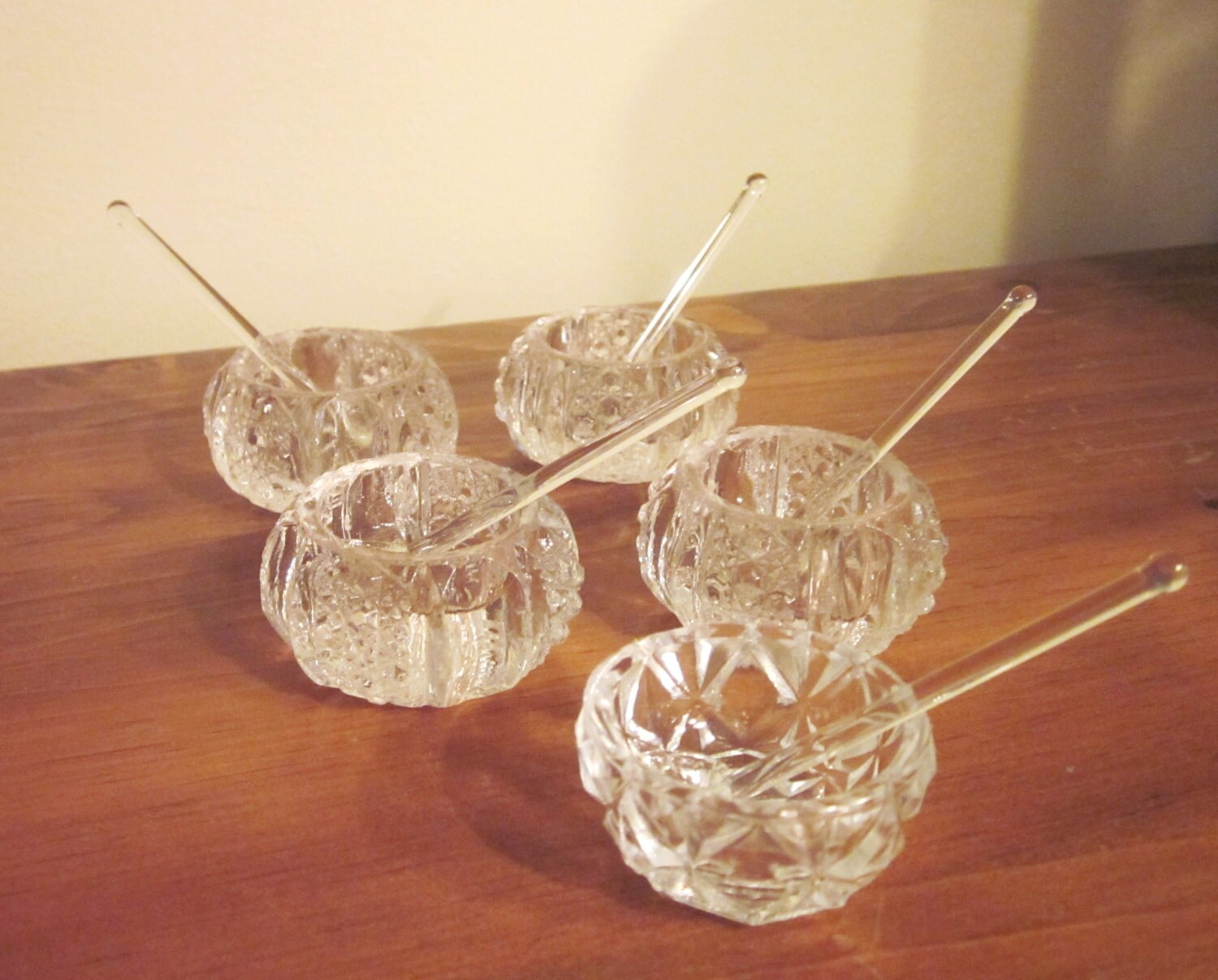 Crystal Salt Cellars with Spoons Cut Glass Set of Five Mid