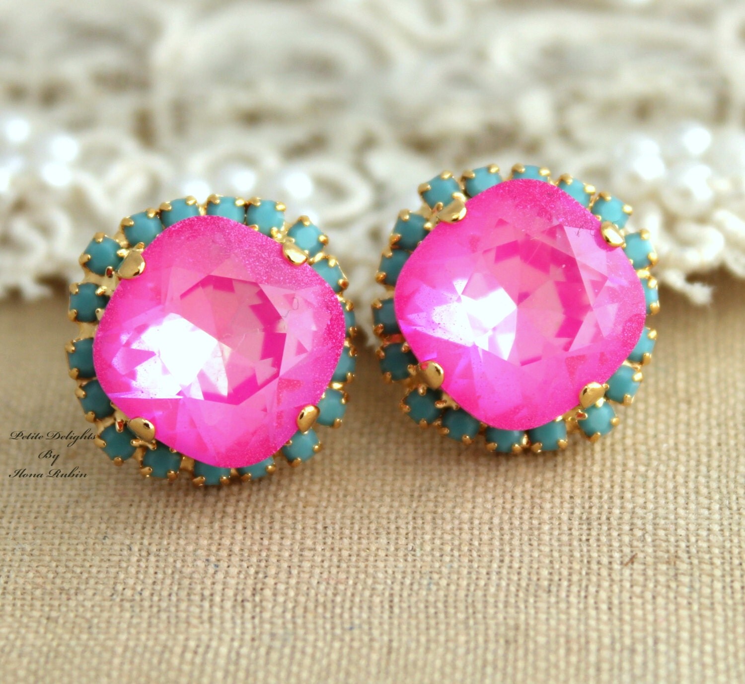 Pink turquoise Stud earrings Rhinestones Crystal big pink