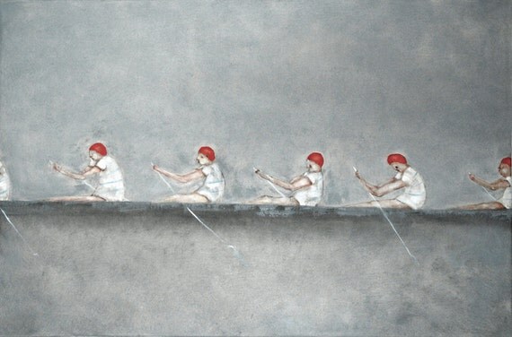 Giclee art print. rowing man men. portrait art. gray white and red "Crew"