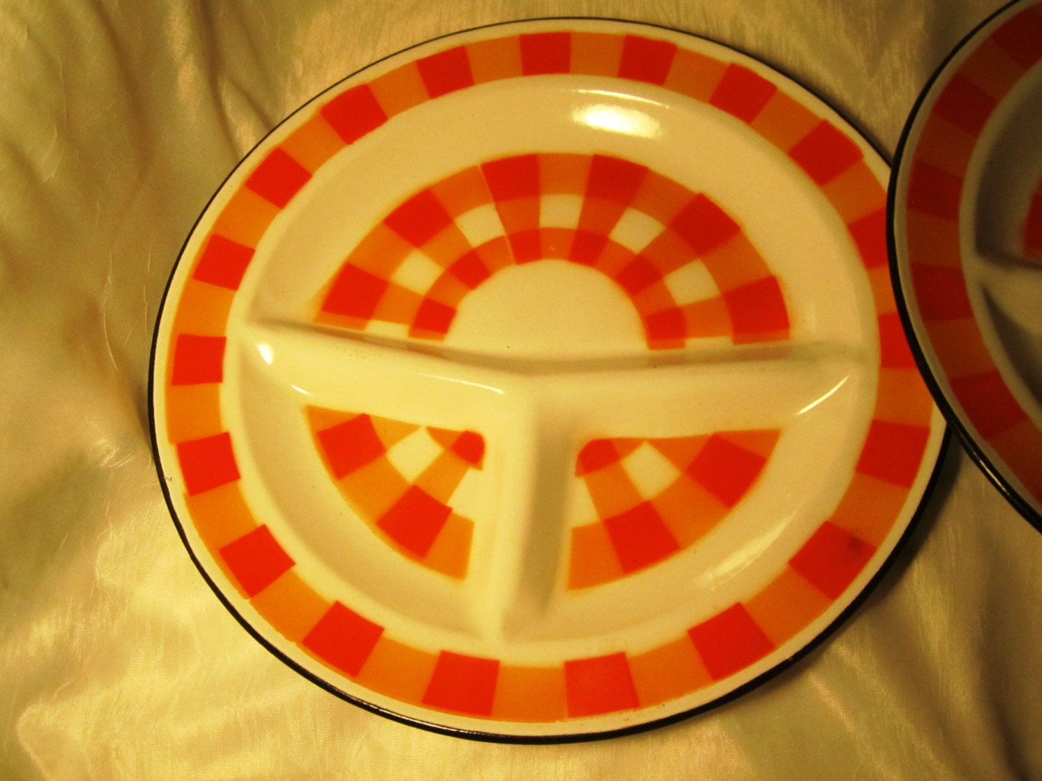 Two vintage vibrant checked orange and white black divided enamel