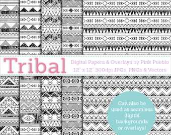 Black and White Tribal Digital Paper Pack, Tribal Seamless Background Patterns or Photoshop Overlay - Commercial and Personal Use