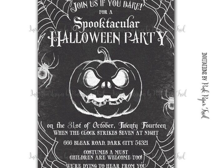 Halloween Party Invitation, Chalkboard Style Spooktacular Halloween Party Invitation, Scary Pumpkin, Spider Webs Printable Invitation