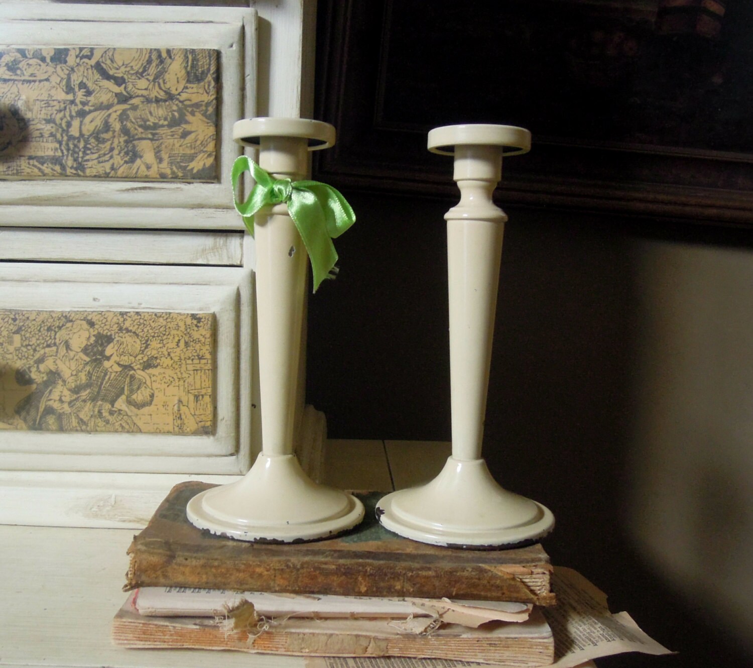 Vintage Ivory Metal Candle Holder / Cottage by AloofNewfWhimsy