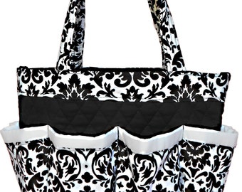 Damask with White Trim 8 Pocket Bingo Bag // Craft Organizer // Makeup Organizer // Caddy // Teacher Tote // Nurse Tote