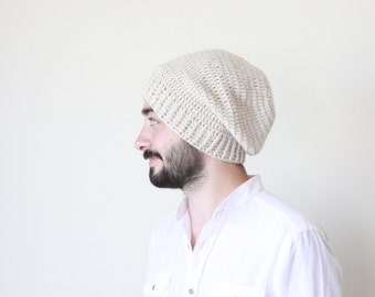 Men crochet beanie, Winter beanie for men, Beige beanie hat, Slouchy beanie men, Winter hat, Mens Wool hat, Men Slouchy beanie,