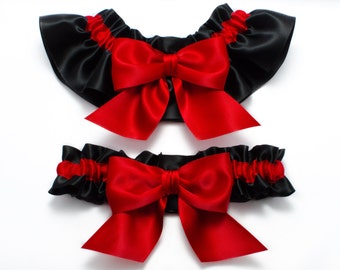 Wedding garters - bridal garters - black and red garters with red bows - red wedding garters - red satin garter set - red and black garters
