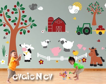 Children Wall Decal Wall Sticker Farm Animals - Cow, Pigs, Sheep, Chicken, Horse, Tractor, Barn with Trees - Farm Wall Stickers PLFRM070