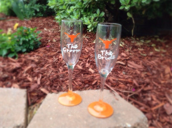 Custom Texas Longhorns Bride and Groom Champagne Flutes