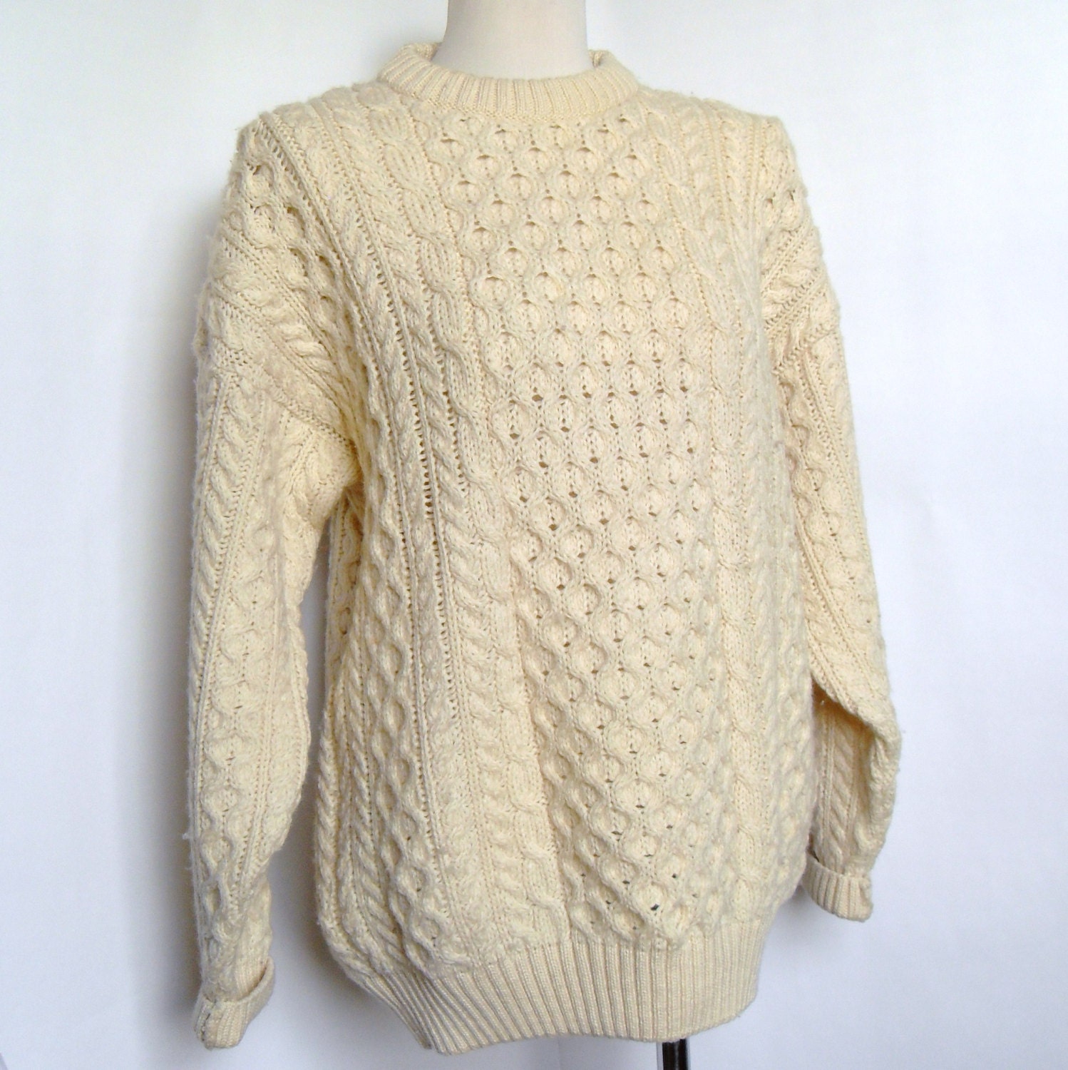 Cream Colored Fisherman Cable Knit Sweater Handknit and Made