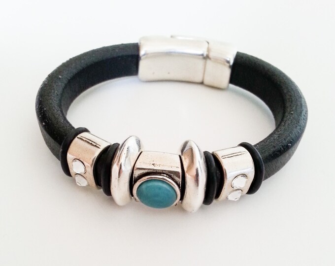 Leather Bracelet, Black Leather Bracelet, Turquoise Black Leather Bracelet, Tuquoise Leather Bracelet, Turquoise Bracelet
