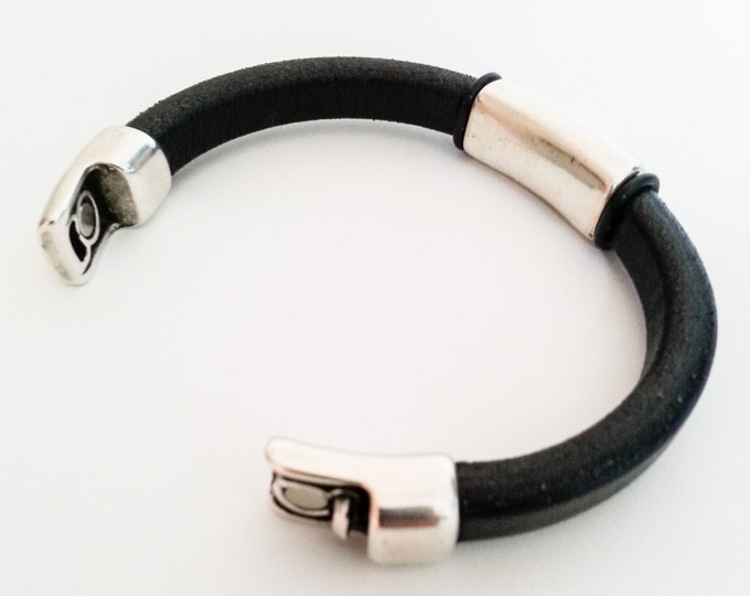 Leather Bracelet, Silver Leather Bracelet, Silver Black Leather Bracelet, Silver Bracelet Leather, Leather Silver Bracelet, Black Leather