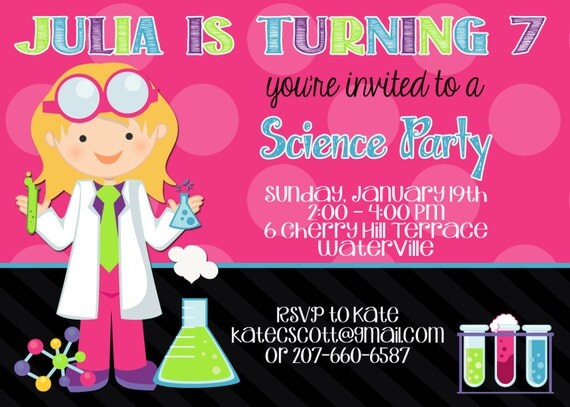Science 5x7 Invitation - Girl Birthday Party - PRINTABLE Il_570xn