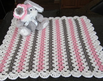 baby girl gift set crochet baby blanket with headband girls pink and gray blanket and headband READY TO SHIP