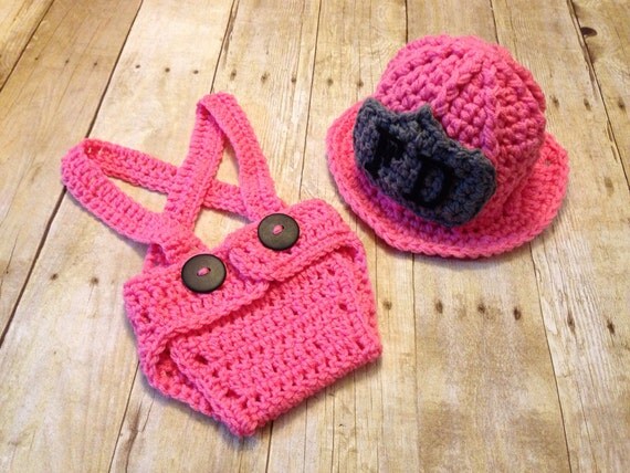 fireman for pattern free newborn crochet hat outfit, newborn hat, girl fireman's prop firefighter baby Crochet pink