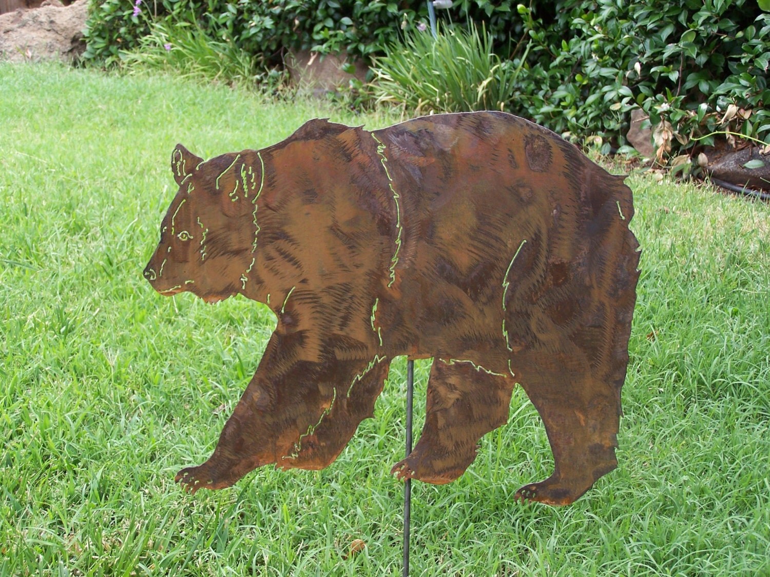Strolling Brown Bear Metal Art Spring Garden Stake Sculpture
