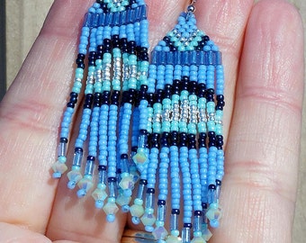 Blue Mint and Silver Fringe Earrings - Long Seed Bead Earrings - Woven ...