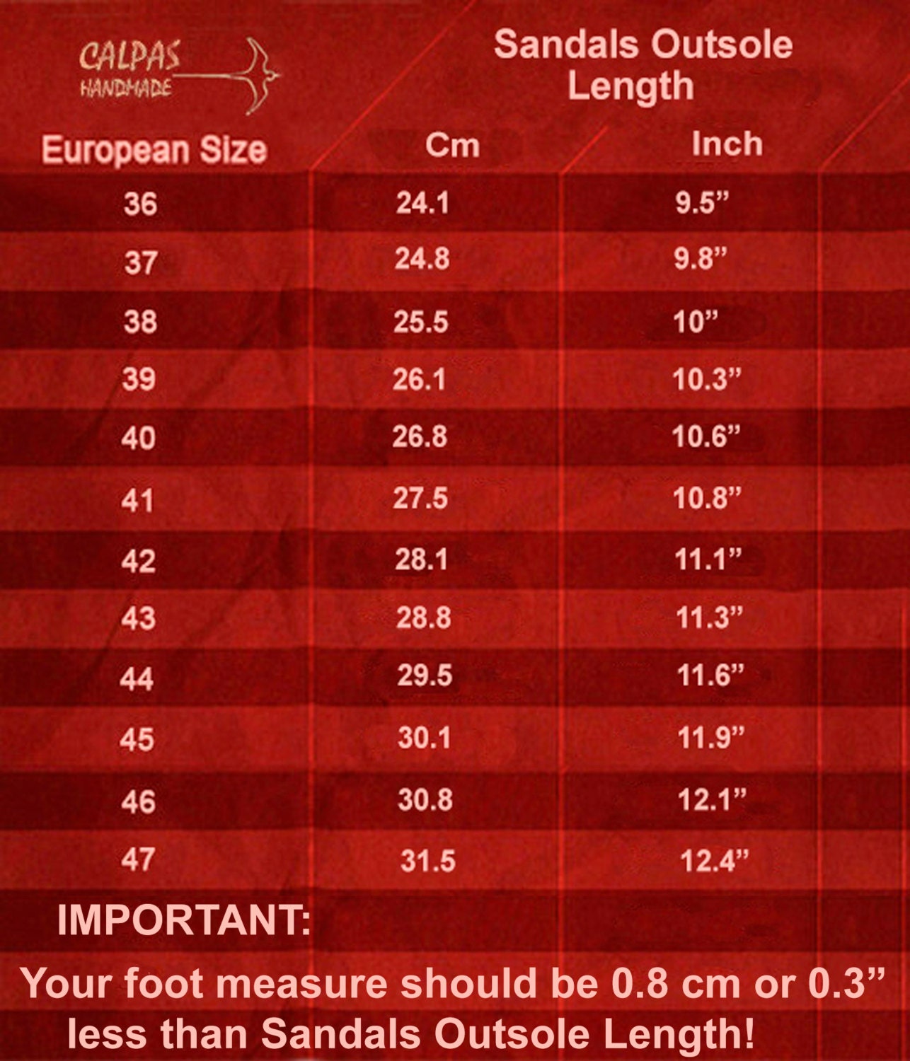 Shoe Size Chart How To Measure Your Feet by Calpas on Etsy