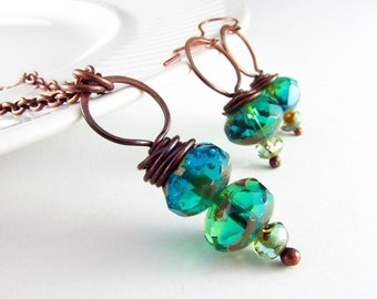 Wire Wrapped Necklace Earrings Set Turquoise and Copper Necklace Wire Wrapped Jewelry Czech Picasso Glass Copper Jewelry