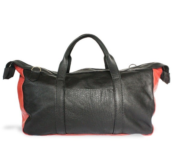 red and black duffle bag