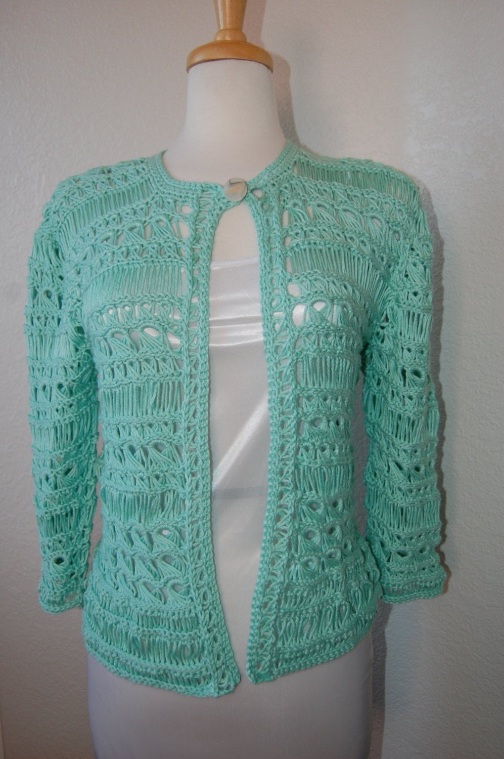 Crochet Cardigan Broomstick Lace in Soft Green Pima by LoyesThread