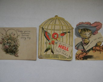 GREETING CARDS, 3 Vintage Get Well Cards