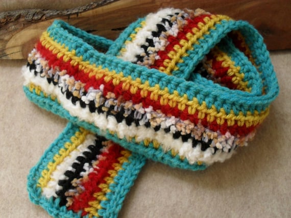 Boho Stripped Scarf Crochet Multi-colored: turquoise yellow red black gray white