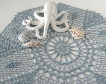 Crochet Doily, tabletop decor, lace centerpiece, frame for wall decor, blue gray, country blue, heirloom quality, cottage chic