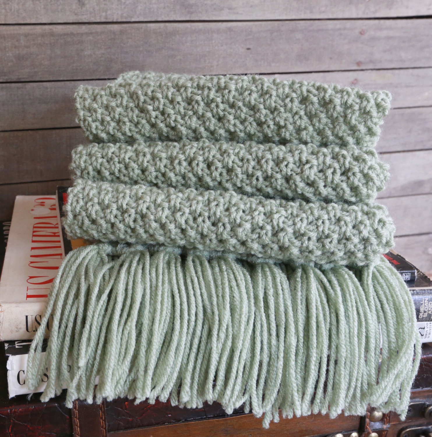 Light Green Long Scarf with Fringes by TheKnitGarden on Etsy