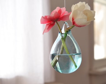 Glass Hanging Vase / Hand Blown Glass Art / Transparent Pale Blue Flower Vase / Wall Decor / Wall Art