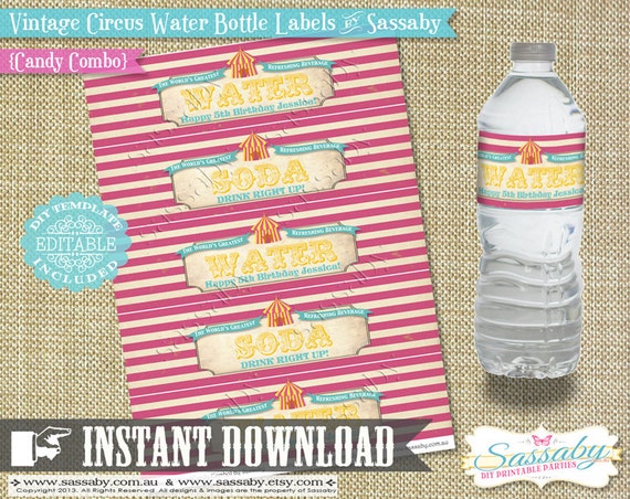 Vintage Circus Water Bottle Labels - Candy Combo - INSTANT DOWNLOAD - Editable & Printable Birthday Party Decorations by Sassaby Il_570xn