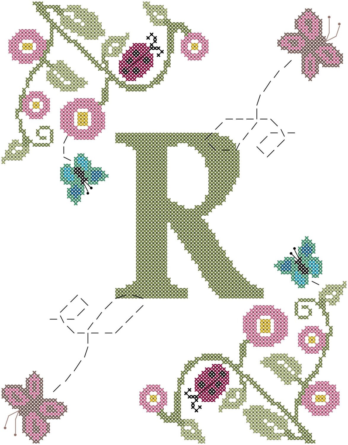 Intial Butterflies and Flowers Cross Stitch Pattern/Initial