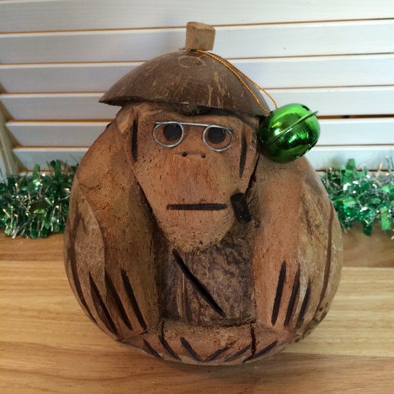 Vintage Hand Carved Coconut Monkey FaceMid Century Monkey
