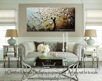 CUSTOM Art Abstract Painting White Cherry Tree Blossoms Flowers Textured Palette Knife Large Wall Decor Blue Brown Gold 48x24" -Christine