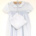 1970's Light Blue Linen Smocked and Embroidered Dress, Bloomers and Bonnet Set