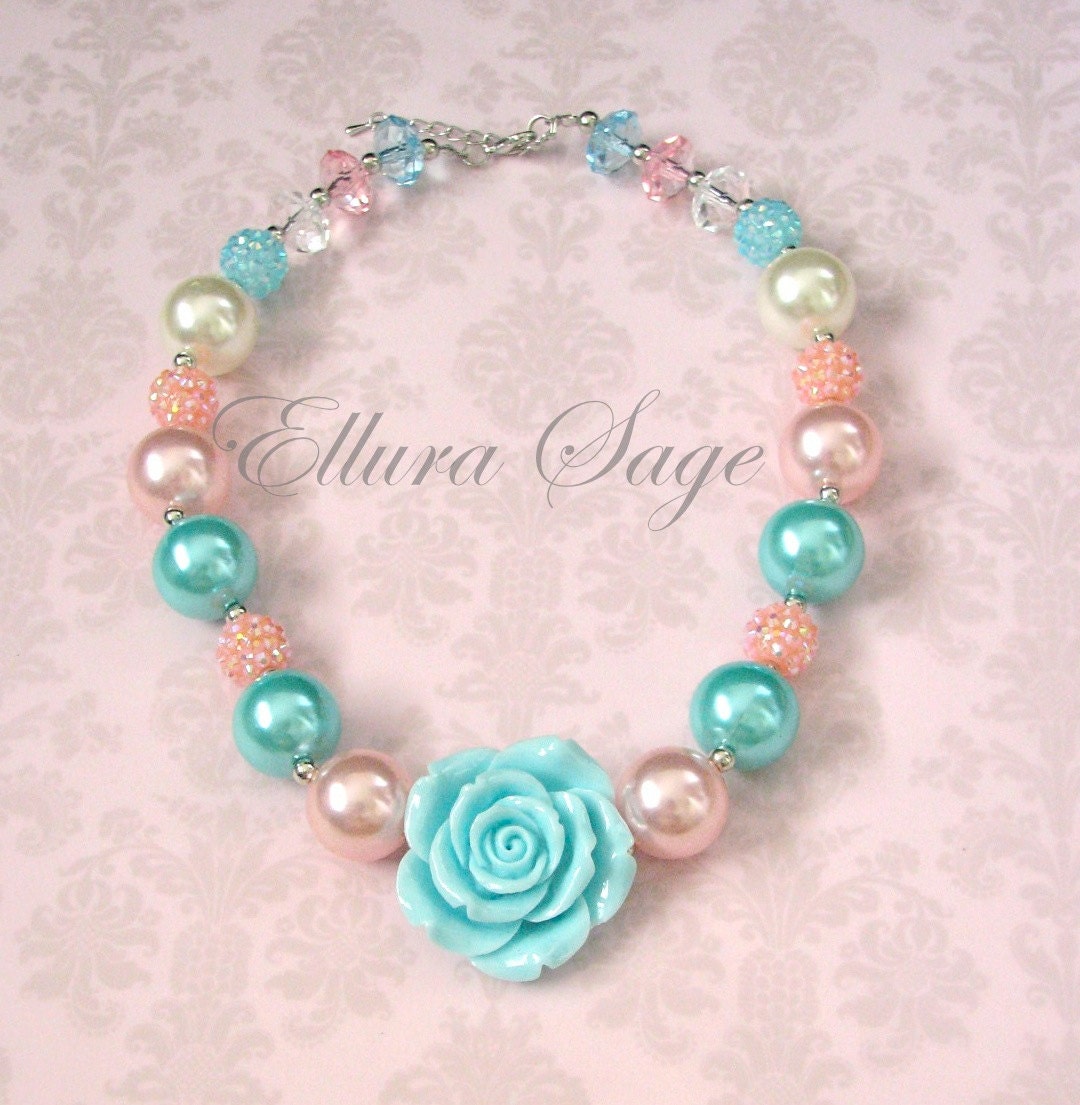 Aqua Rose Necklace Aqua and Pink Chunky Necklace Baby Chunky