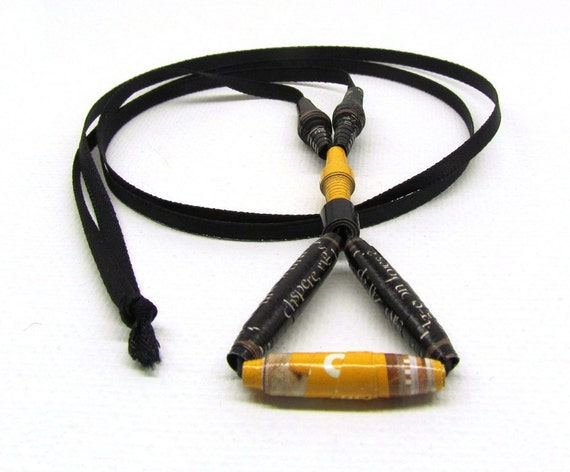 Mustard and Black  Paper Bead Necklace Geometric Eco Friendly Jewelry Triangular Minimal Necklace