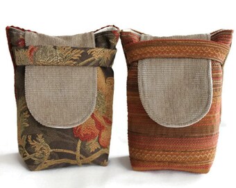 Gift Bags Small Reusable Coral Red Pink Gold Brown Floral Stripes Upholstery Fabric Holiday Wrapping Ladies (set of 2)--US Shipping Included