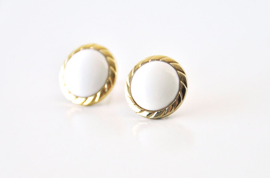 Round Clip On Earrings White and Gold Clip Earrings