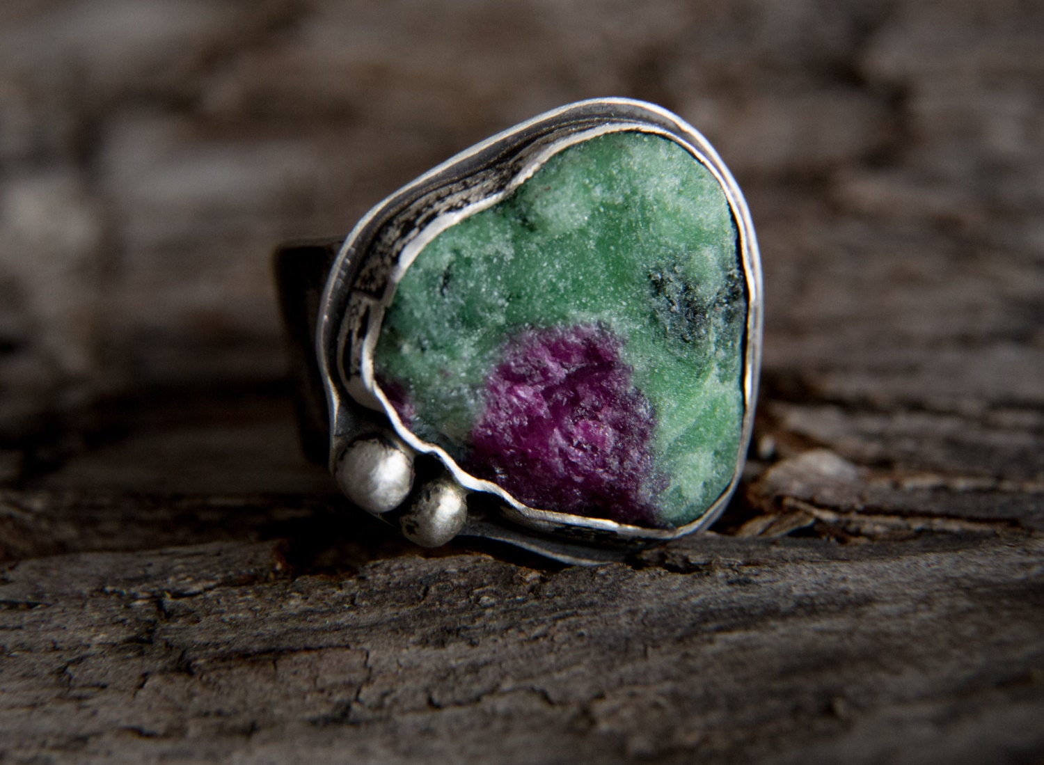 Ruby Zoisite Sterling Silver Ring-Rough Green Purple Ruby