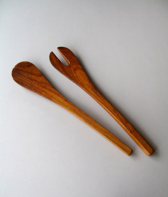 Danish Modern Teak Salad / Serving Tongs / Spoons by luola on Etsy