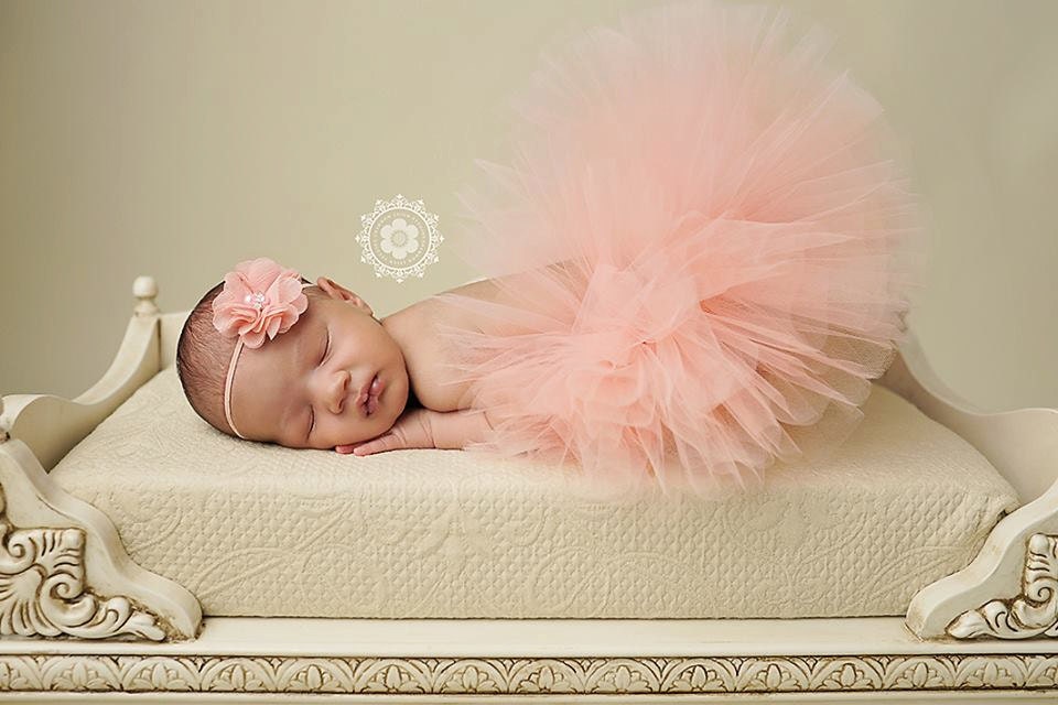 Newborn tutu set - baby girls - peach and matching flower headband - with pearls rhinestones - ready to ship