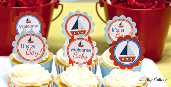 Nautical Baby Shower 2 Inch Party Circles, Instant Download, Printable, Digital, Cupcake Toppers, Favor Tags Il_570xn