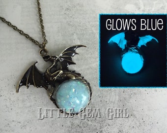 Glowing Dragon Necklace - Victorian Gothic Dragon w/ Glow in the Dark Orb Brass or Silver - Full Moon Pendant - Steampunk Dragon Magic Orb