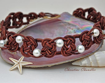 Pearl and Leather Celtic Knot Choker Necklace - Pearl and Leather Jewelry Collection