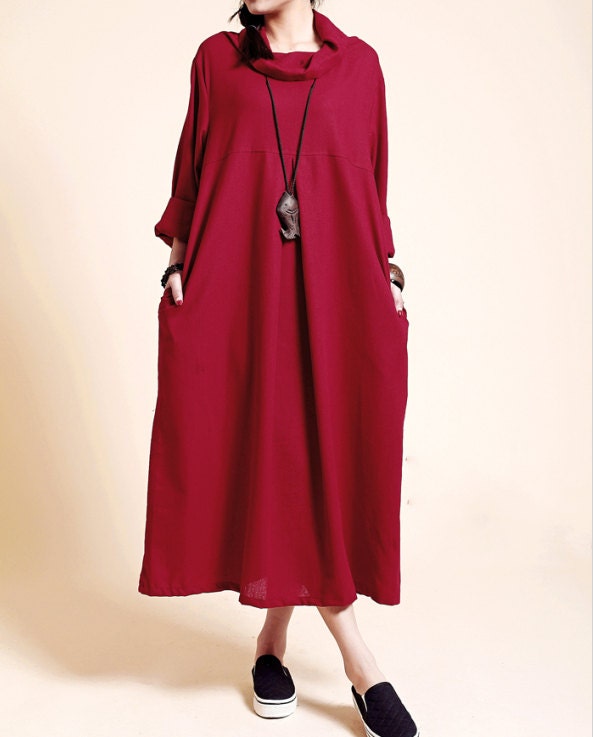 dark red Linen loose long dress women long sleeved gown