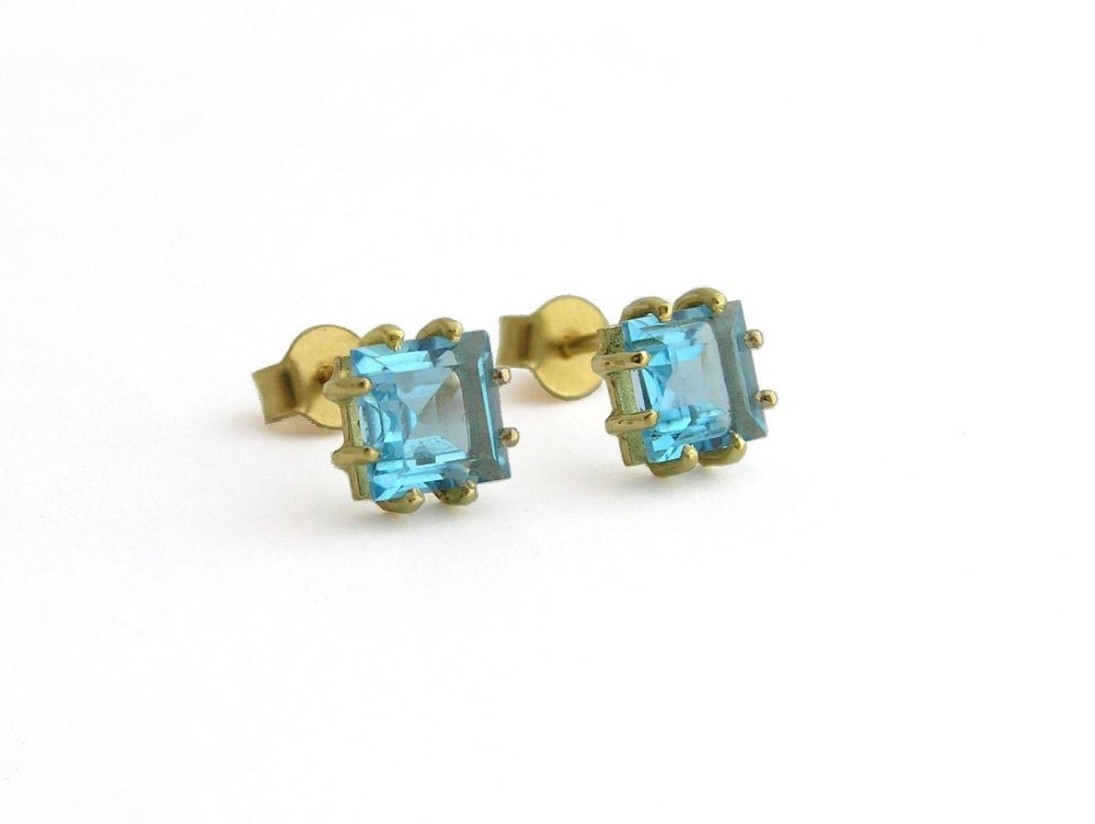 14k Gold Earrings Blue Topaz Studs Square Studs Solid