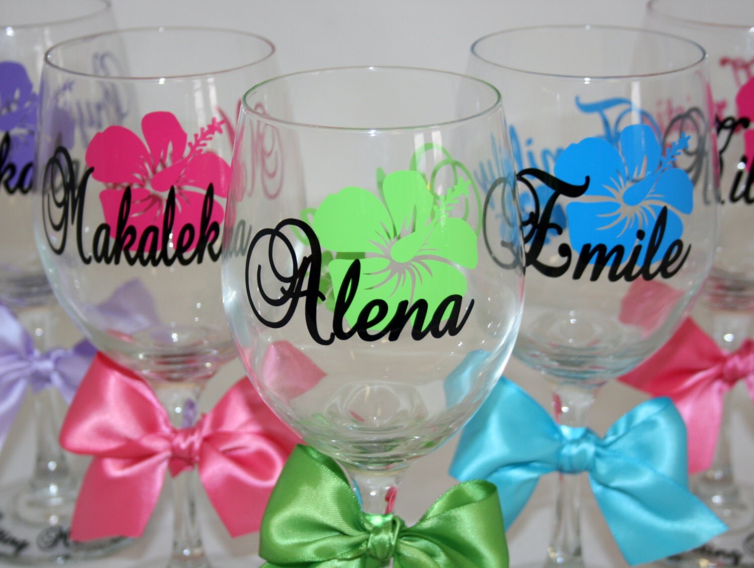 3 Hibiscus Flower Wine Glasses Personalized Hawaiian Themed