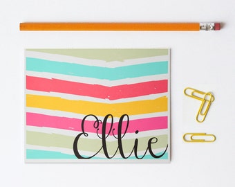 Custom Stationary Personalized Colorful Stationery Bright Stripes Note Cards Kids Stationary Pink Yellow Turquoise Coral Thank You Notes