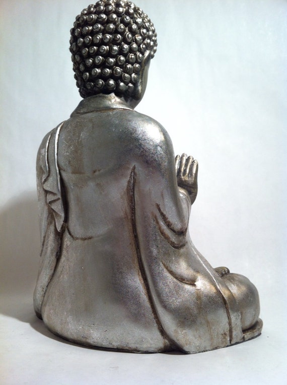 Sitting Silver Buddha Statue Asian Meditating Zen Hindu